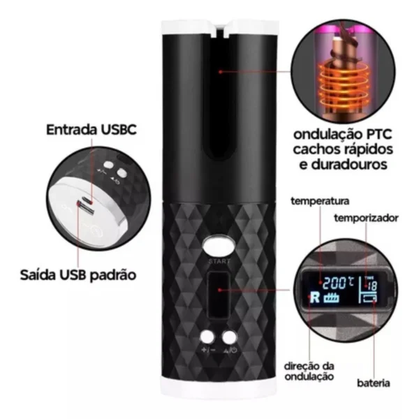 Modelador De Cachos Ferro Automático Sem Fio Com Bateria Recarregável Embutida Cerâmica - Imagem 4