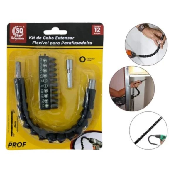 Kit de Cabo Extensor Flexível para Parafusadeira Prolongador 24Cm mais ponteiras - Imagem 2